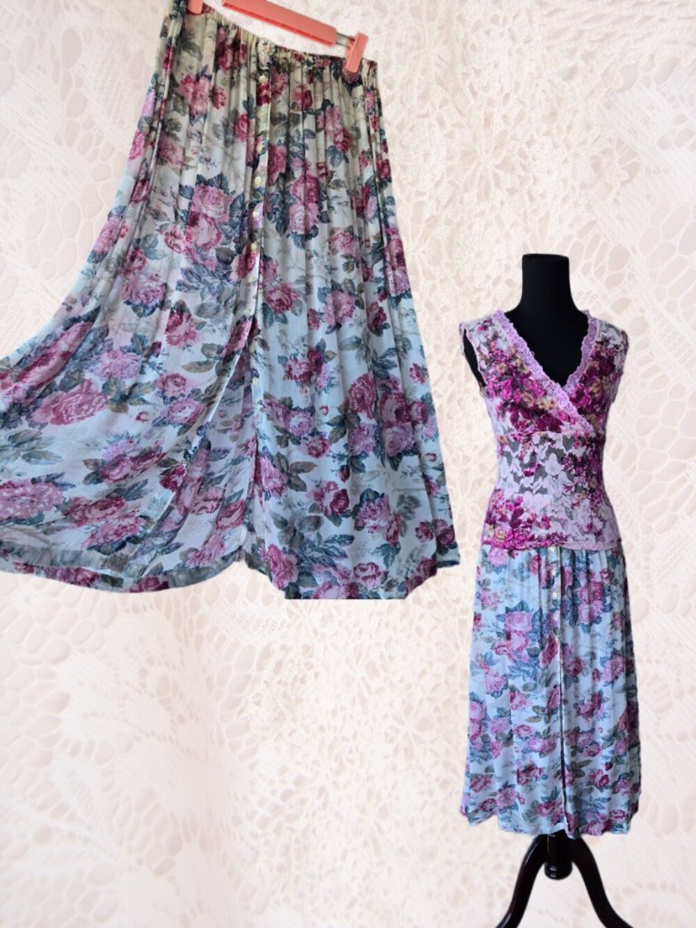 Romantic Sheer Vintage-Rose Print Maxi Skirt Cottagecore Ethereal